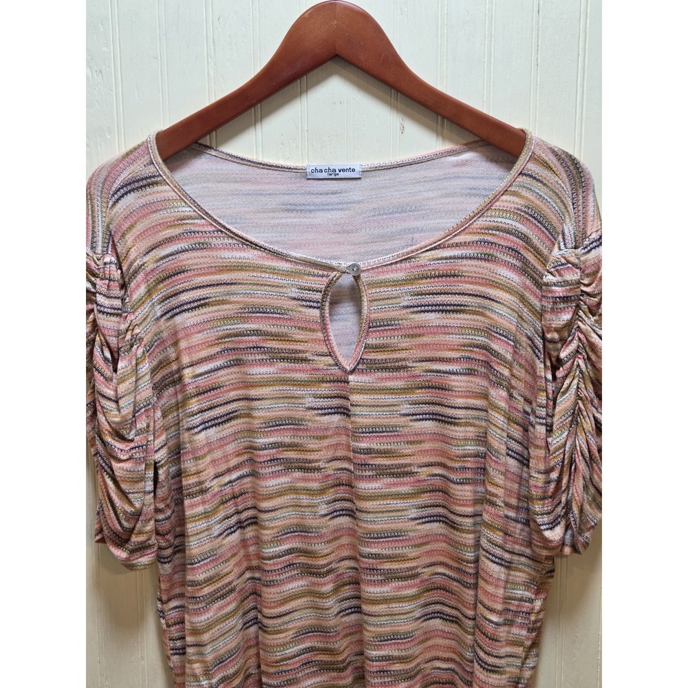 Cha Cha Vente Shirt Womens Large Multicolor Stripe‎ Ruched Sleeve Keyhole Top